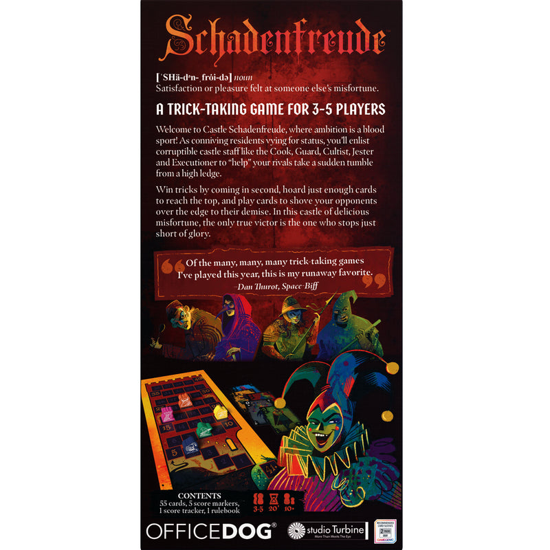 Load image into Gallery viewer, Schadenfreude Card Game - Back of box with overview, contents list, and images of game board. Box indicates it is for ages 10+ and 3 to 5 players.
