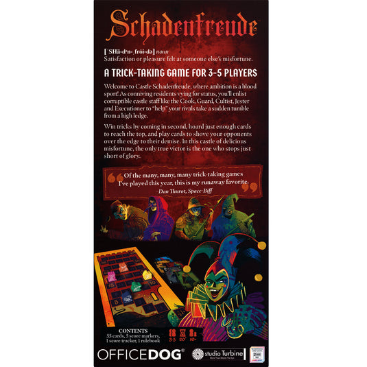 Schadenfreude Card Game - Back of box with overview, contents list, and images of game board. Box indicates it is for ages 10+ and 3 to 5 players.
