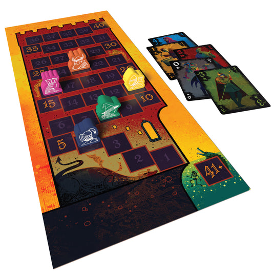 Schadenfreude Card Game - Sample game components shown including game board with score track, meeples in a variety of colors, and game cards.