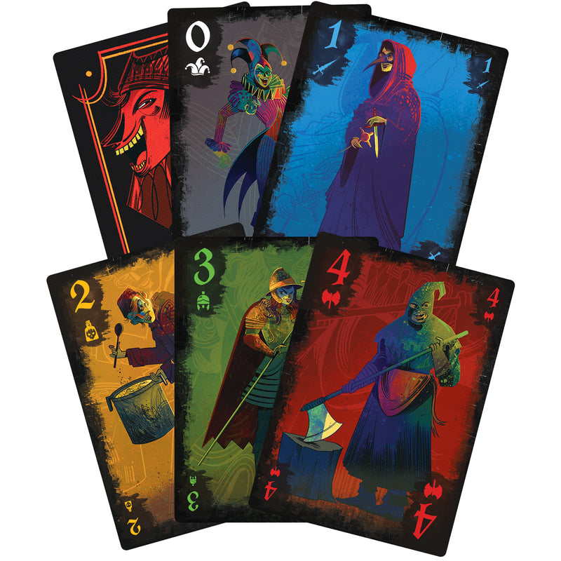Load image into Gallery viewer, Schadenfreude Card Game - Sample cards shown with a variety of colors and number values between 0 and 4.
