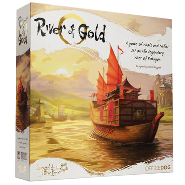 River of Gold Board Game - front of box featuring art of Japanese ship sailing on a river. 