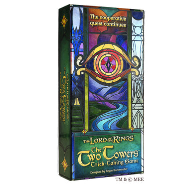 The Two Towers: Trick Taking Game - front of packaging with stained glass art design of Sauron's eye. 