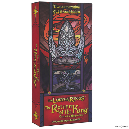 The Return of the King: The Trick Taking Game - Front of box with stained glass art design and title written in gold. 