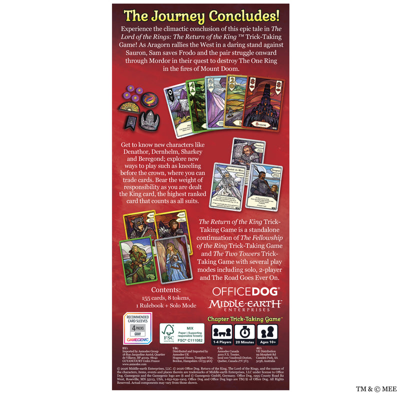 Load image into Gallery viewer, The Return of the King: The Trick Taking Game - Back of box with game description, contents list, and images of sample cards. Box lists game is for ages 10+ and 1-4 players.
