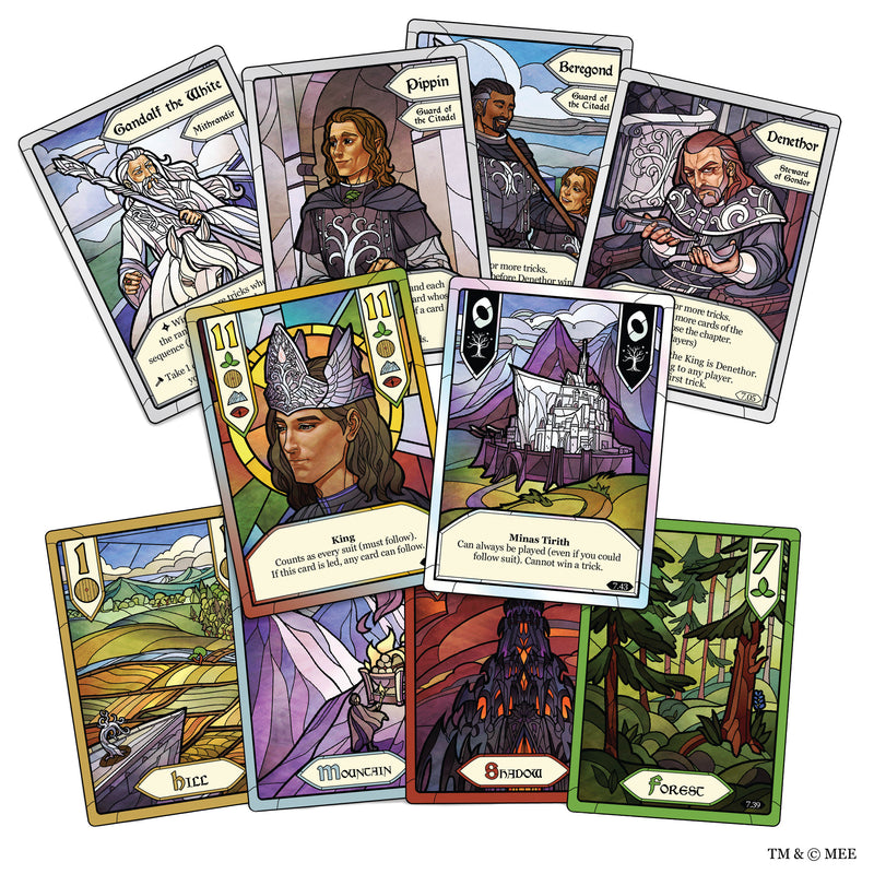 Load image into Gallery viewer, The Return of the King: The Trick Taking Game - Sample character cards and location cards displayed.
