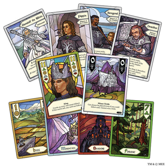 The Return of the King: The Trick Taking Game - Sample character cards and location cards displayed.