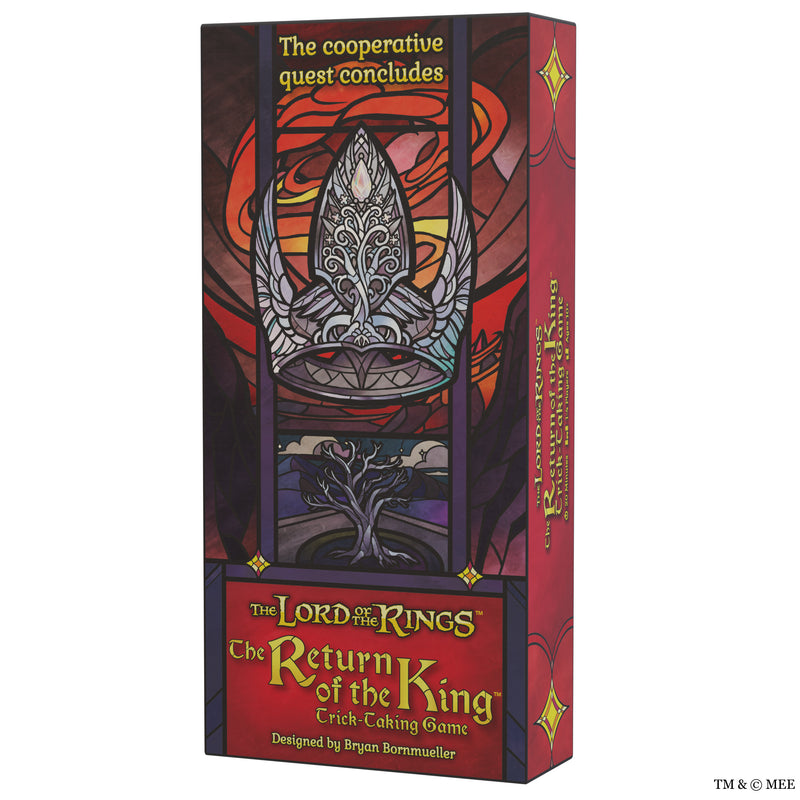 Load image into Gallery viewer, The Return of the King: The Trick Taking Game - Front of box with stained glass art design and title written in gold. 

