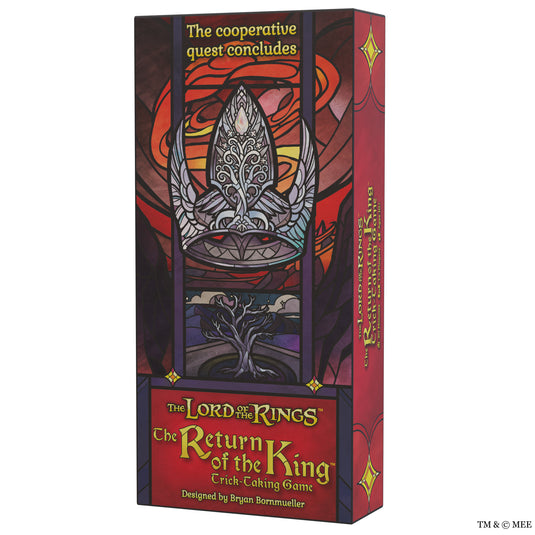 The Return of the King: The Trick Taking Game - Front of box with stained glass art design and title written in gold. 