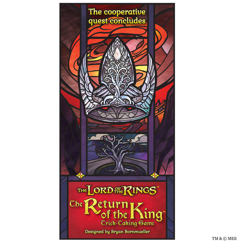 Load image into Gallery viewer, The Return of the King: The Trick Taking Game - Front of box with stained glass art design and title written in gold. 
