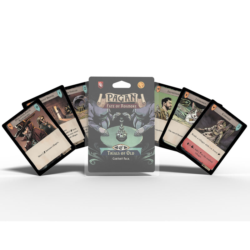 Load image into Gallery viewer, Pagan: Trials of Old - Content Pack #1 - packaging and sample cards displayed
