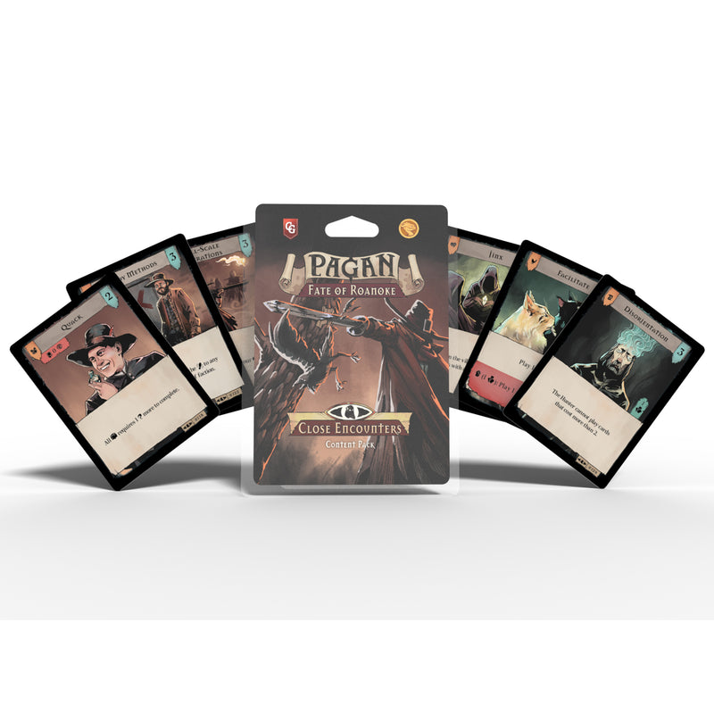 Load image into Gallery viewer, Pagan: Close Encounters - Content Pack #2 - packaging and sample cards shown with different special actions and number values on each card.
