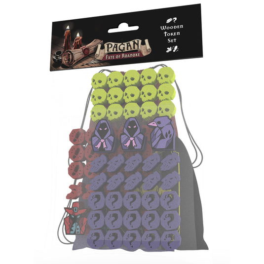 Pagan: Fate of Roanoke: Wooden Tokens - front of packaging and view of drawstring bag and wooden tokens.