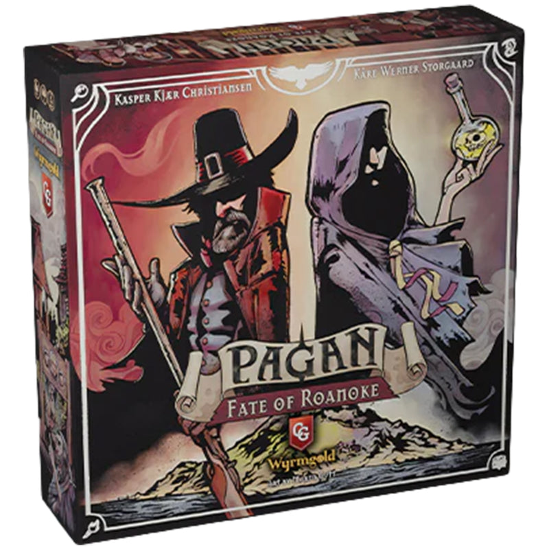 Load image into Gallery viewer, Board game box titled 'Pagan: Fate of Roanoke' with illustrations of characters on the cover.
