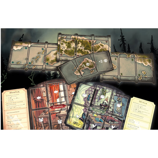 Pagan: Fate of Roanoke - sample components shown including hunter and witch rules cards and player boards.