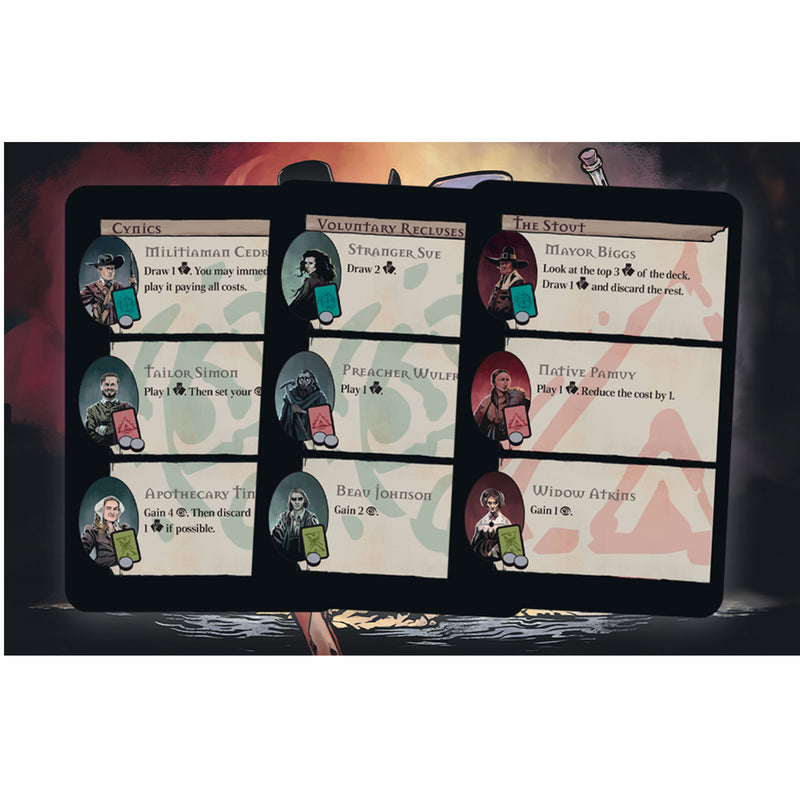 Load image into Gallery viewer, Pagan: Fate of Roanoke - sample cards shown with different draw and resource effects.
