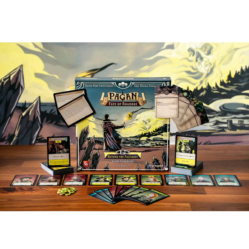 Load image into Gallery viewer, Pagan: Beyond the Palisades Expansion - box and sample game components displayed including game cards and tokens.
