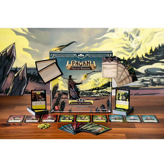 Pagan: Beyond the Palisades Expansion - box and sample game components displayed including game cards and tokens.