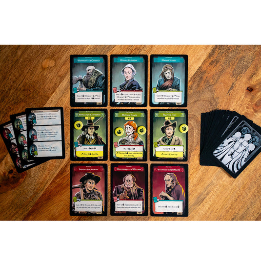 Pagan: Beyond the Palisades Expansion - sample cards displayed with different colored backgrounds and abilities listed.