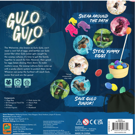 Gulo Gulo board game back of box with game overview and image of components.