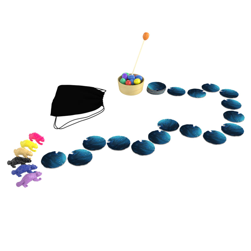 Load image into Gallery viewer, Gulo Gulo board game components including Gule figures, eggs, token bag, and game tokens.

