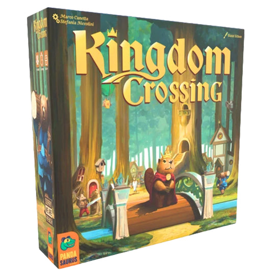 Kingdom Crossing Board Game - Front of box featuring art of a beaver wearing a crown in a forest village. 