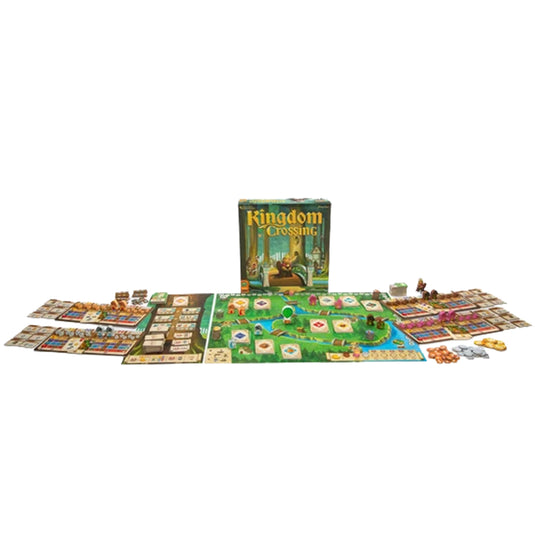 Kingdom Crossing Board Game - Box and game contents displayed including game board, cards, tokens, and player boards. 
