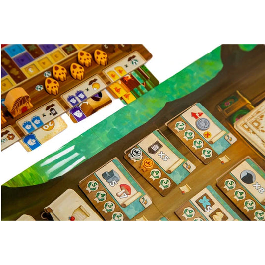 Kingdom Crossing Board Game - Close up view of game board and cards with different victory point values. 