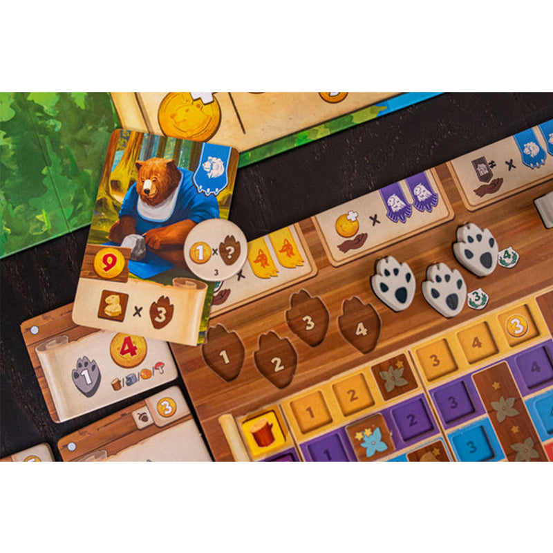 Load image into Gallery viewer, Kingdom Crossing Board Game -  Bear card and player board shown with paw print tokens. 
