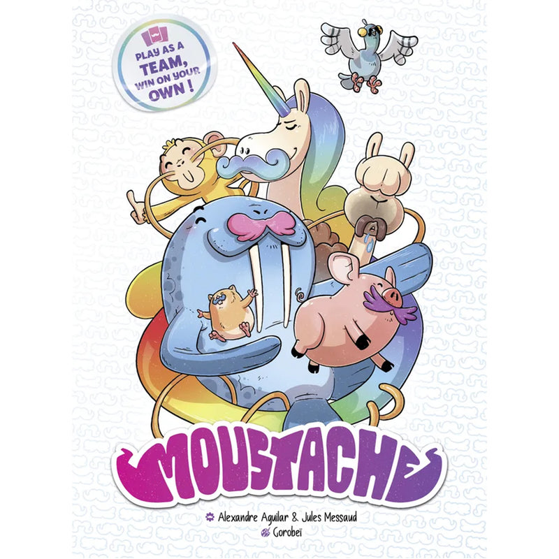 Load image into Gallery viewer, Moustache - Front of box featuring illustrations of animal characters with moustaches. 
