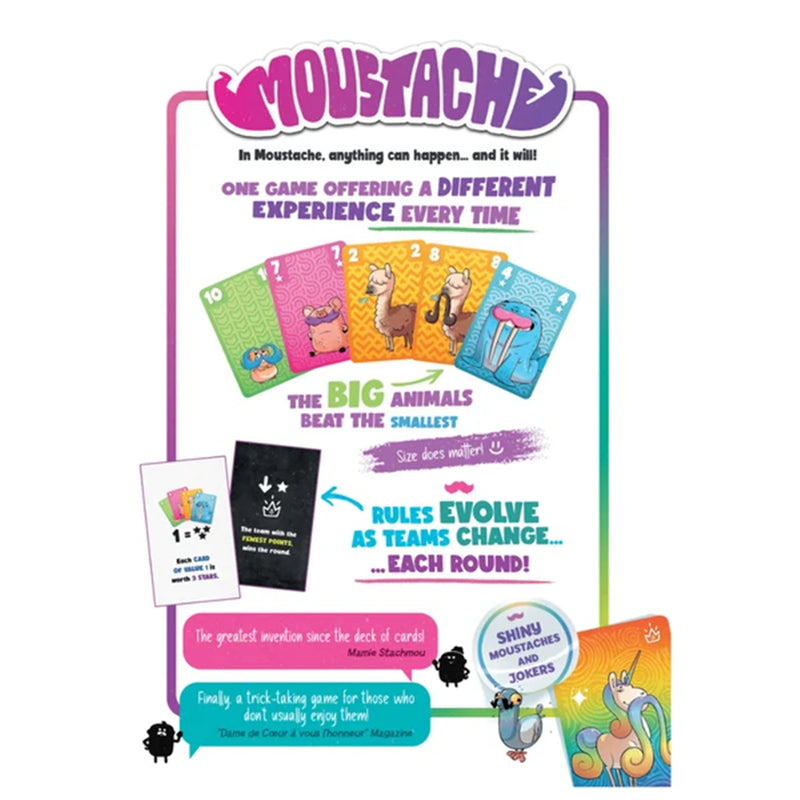 Load image into Gallery viewer, Moustache - Back of box with game overview and images of sample game cards.
