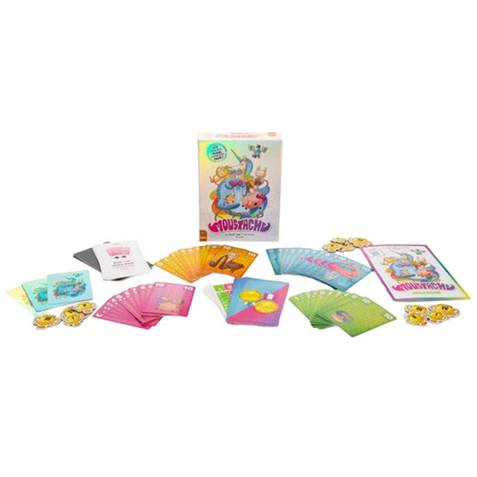 Moustache - Box, rulebook, and sample game cards displayed.
