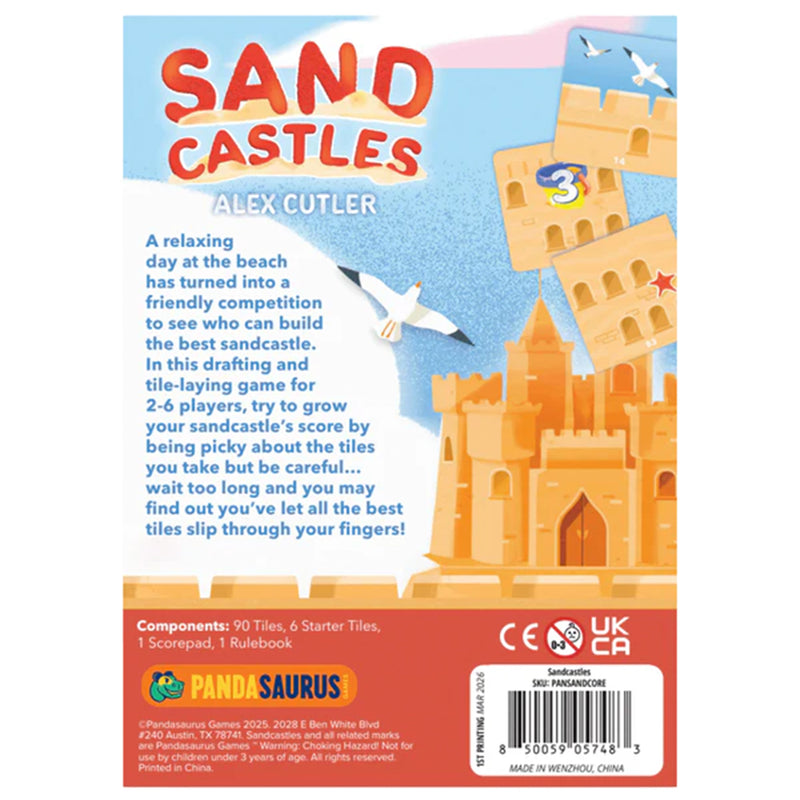 Load image into Gallery viewer, Sandcastles Board Game - Back of box with game description, components list, and images of sample sand castle tiles.

