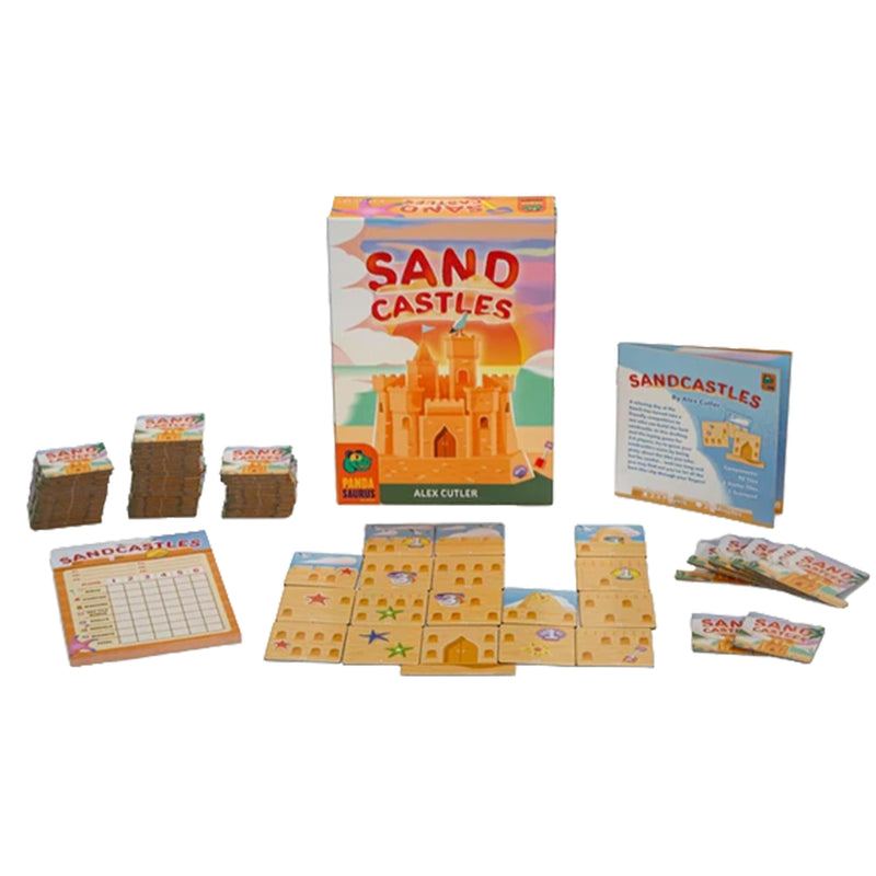 Load image into Gallery viewer, Sandcastles Board Game - Box and game components shown including score sheet, castle tiles, and rulebook. 
