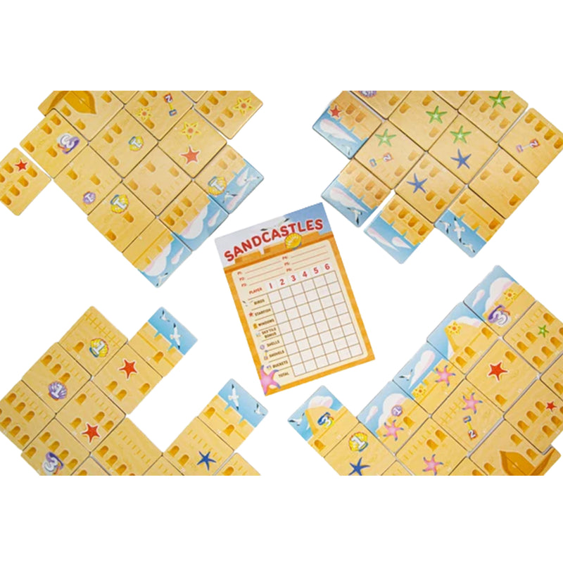 Load image into Gallery viewer, Sandcastles Board Game - View of sand castles built from game tiles and score sheet.
