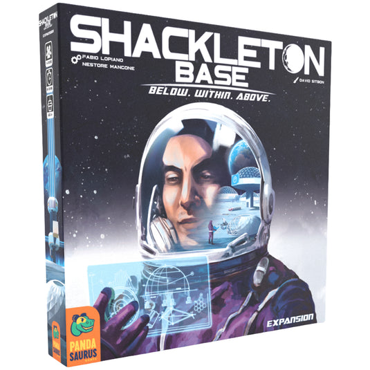 Shackleton Base: Below. Within. Above. Board Game Expansion - front of box with illustration of astronaut. 