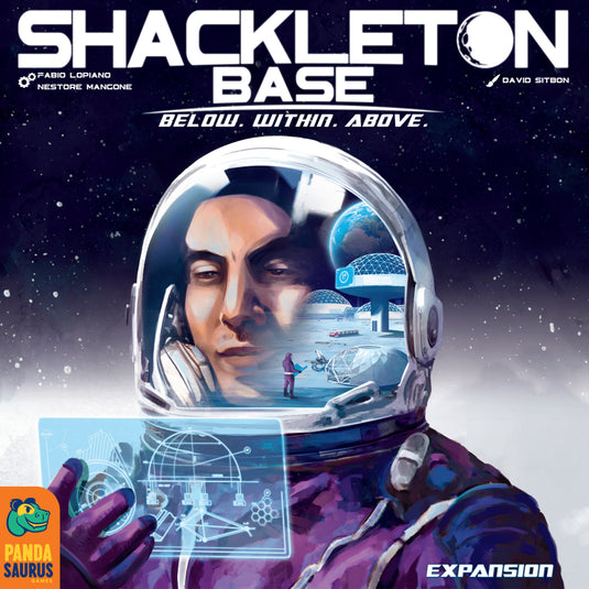 Shackleton Base: Below. Within. Above. Board Game Expansion - front of box with illustration of astronaut. 