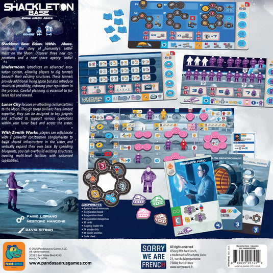Shackleton Base: Below. Within. Above. Board Game Expansion - back of box with game overview components list, and images of sample components. Box indicates it is for ages 14+ and 1 to 4 players.