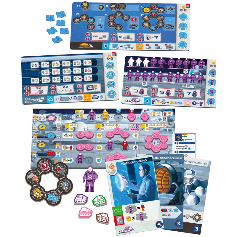 Load image into Gallery viewer, Shackleton Base: Below. Within. Above. Board Game Expansion - sample components shown including Agency Leader tile, Scoring Bonus tokens, and 'Research Fund' card. 
