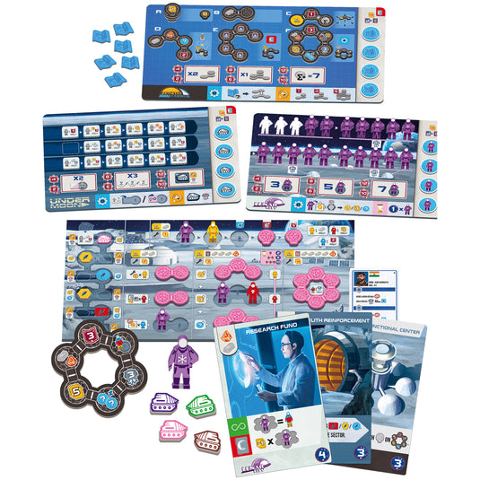 Shackleton Base: Below. Within. Above. Board Game Expansion - sample components shown including Agency Leader tile, Scoring Bonus tokens, and 'Research Fund' card. 