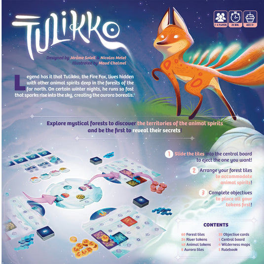 Tulikko Board Game - back of box with game overview and images of game components. 