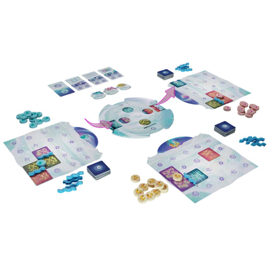 Tulikko Board Game - game components displayed.1 central board including aurora tiles, forest tiles, symbol cards, landscape cards, wilderness maps, forest tiles, and animal tokens