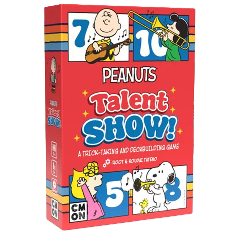 Load image into Gallery viewer, Peanuts Talent Show! - Front of box with title in red and blue, and illustrations of peanuts characters. Tagline says 'A trick-taking and deckbuilding game'. 
