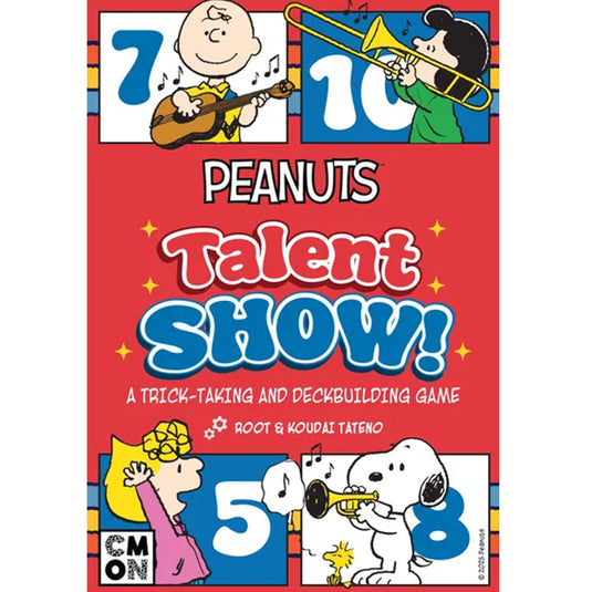 Peanuts Talent Show! - Front of box with title in red and blue, and illustrations of peanuts characters. Tagline says 'A trick-taking and deckbuilding game'. 