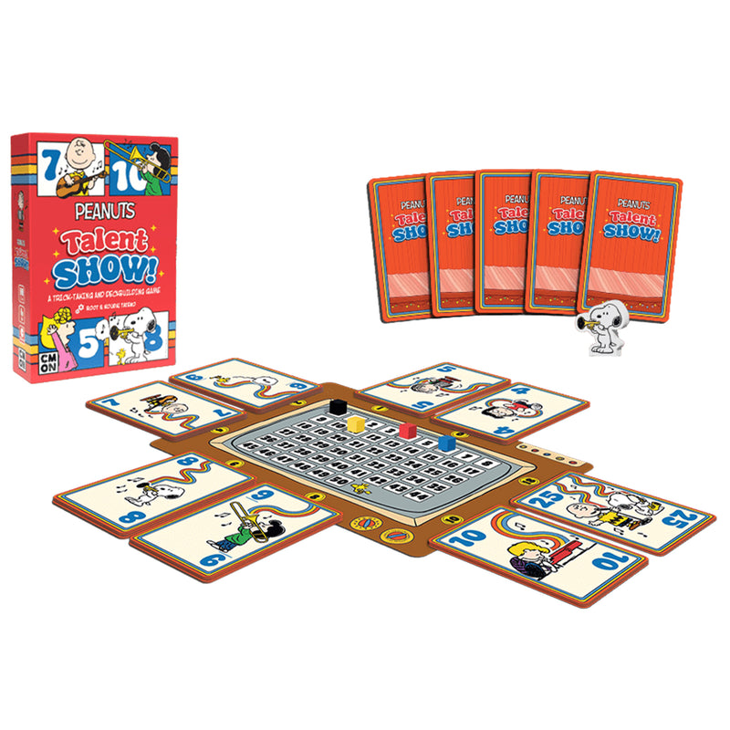 Load image into Gallery viewer, Peanuts Talent Show! - Box and game components displayed including game board with score track, score tracker cubes in a variety of colors, Snoopy standee, and talent show cards with different numbers and peanuts characters on each card. 

