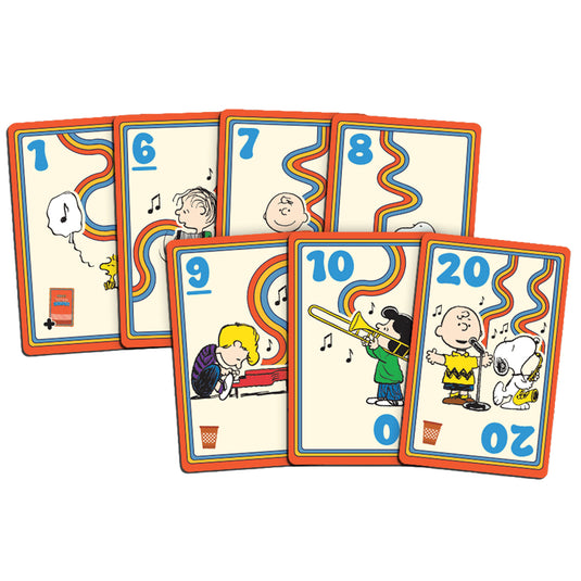 Peanuts Talent Show! - Sample cards shown featuring art of different peanuts characters and numbers between 1 and 20.