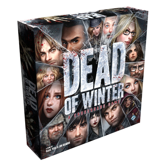 Dead of Winter Board Game - Front of box featuring illustrations of characters faces and shattered glass design.