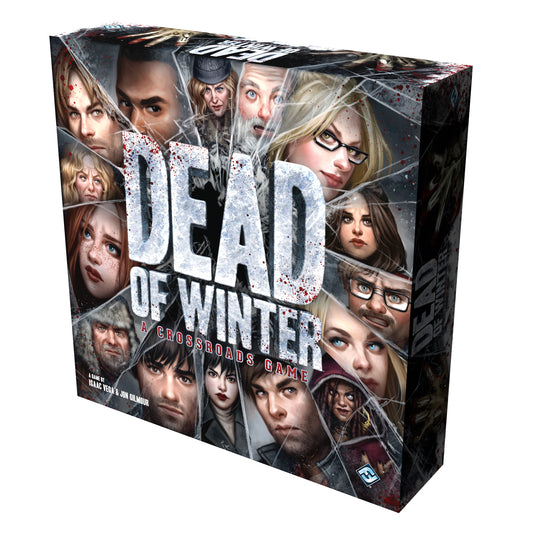 Dead of Winter Board Game - Front of box featuring illustrations of characters faces and shattered glass design.