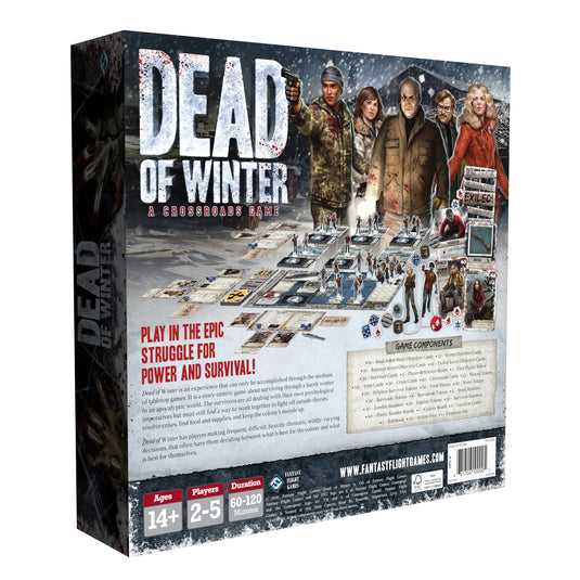 Dead of Winter Board Game - Back of box with game description, components list, and images of sample game components. 