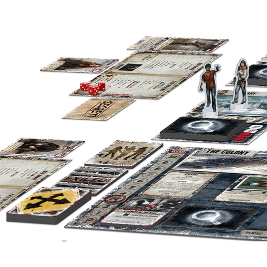 Dead of Winter Board Game - View of sample components including colony board, zombie standee, and survivor standee.