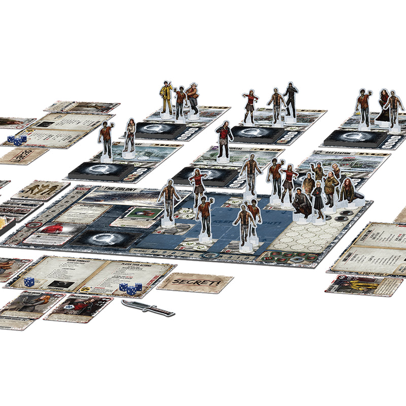 Load image into Gallery viewer, Dead of Winter Board Game - contents displayed including colony board, zombie standees, survivor standees, and character cards.
